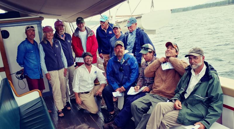 Participating captains gather at the Captain’s Meeting aboard Victory Chimes prior to the 43rd Annual Great Schooner Race. (Photo courtesy of Maine Windjammer Association)