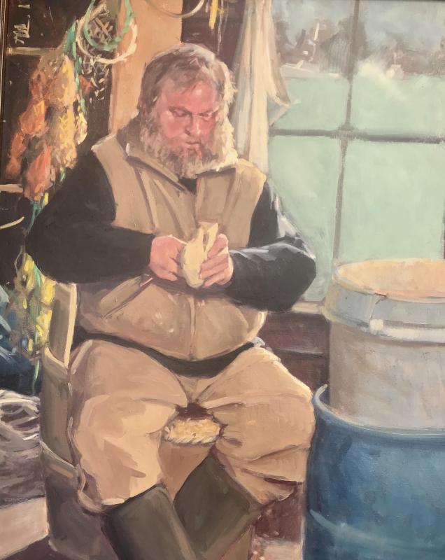 "Mattie At His Fish House", Oil On Canvas, 24 x 30 inches, Alison HIll. (Photo courtesy of Camden Falls Gallery)