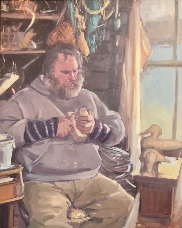 "Mattie Carving Duck Decoys", Oil on Canvas, 24 x 30, Alison Hill. (Photo courtesy of Camden Falls Gallery)