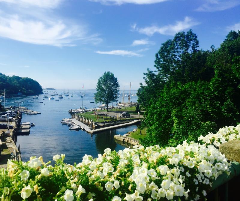 A view from Rockport’s Goose River Bridge, with its flower boxes. (Photo by Lynda Clancy)