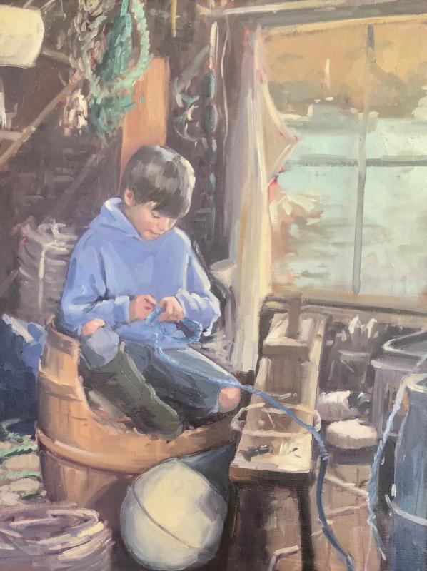 "Splicing Rope at the Fish House", Oil on Canvas, 18 x 24, Alison Hill. (Photo courtesy of Camden Falls Gallery)