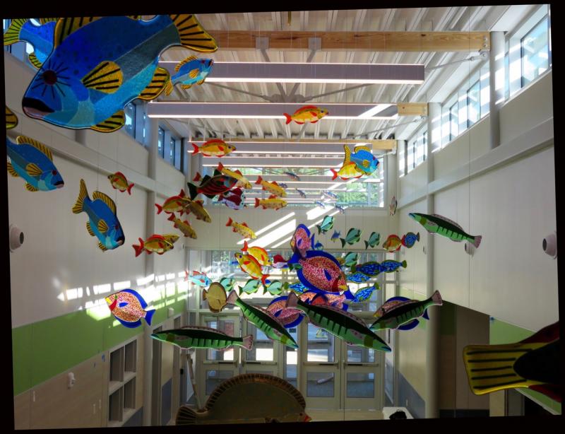Janet Redfield’s swimming fish, now hanging in the Amanda C. Rowe Elementary School in Portland. (Photo courtesy Janet Redfield)