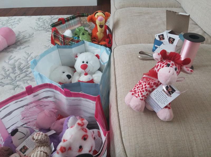 Stuffed creatures await transportation to one of the local emergency rooms to be passed out to children. (Courtesy Stefanie McAllister/Facebook)