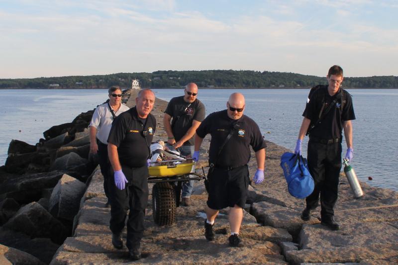 Before the drone option, “The Mule,” patient litter on wheels eased the labor of Rockland Fire/EMS personnel. (Photo courtesy Rockland Fire Department)