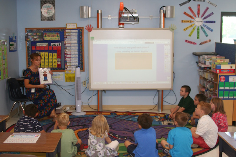 Mrs. Howard’s 1st grade class gathers for circle time. (Photo courtesy Thomaston Grammar School)
