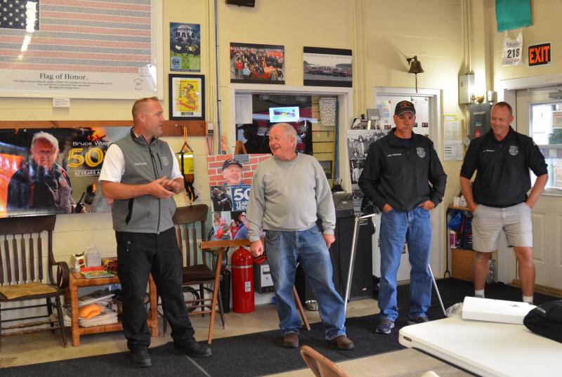 Rockport Fire Chief Jason Peasley with former Fire Chief Bruce Woodward and Deputy Fire Chief Todd Philbrook, and Assistant Chief John Wickenden. (Photo by Lynda Clancy)
