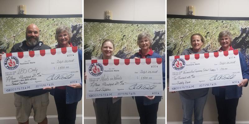 Left frame: Billy Smith accepts the donation on behalf of LEO Only from Maine Lobster Festival Director Sharon Lombardo. Middle frame: Sue DiRosario accepts the donation on behalf of Meals on Wheels. Right frame: Ashley Griffin accepts the donation on behalf of Thomaston Grammar School's Supply Closet. (Photo courtesy Maine Lobster Festival)
