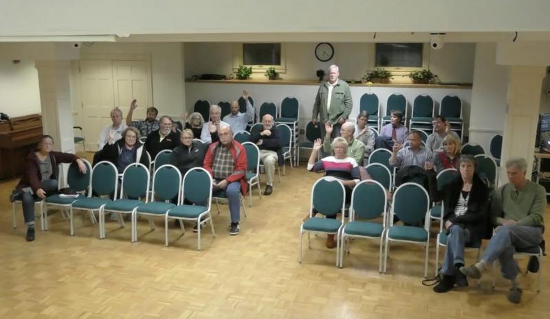 Members of the Rockport business community gathered at a special meeting Oct. 30 at the Rockport Opera House to share thoughts about if the town is a business friendly community. Select Board member Mark Kelley left the podium to help field questions from the audience. (Photo courtesy of the Town of Rockport’s livestream)