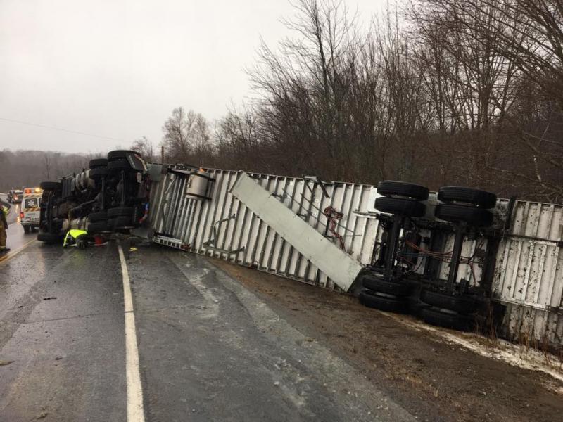 A tractor trailer turned on its side on Route 17 in Rockport Nov. 27. (Photo courtesy Camden Police Dept.)