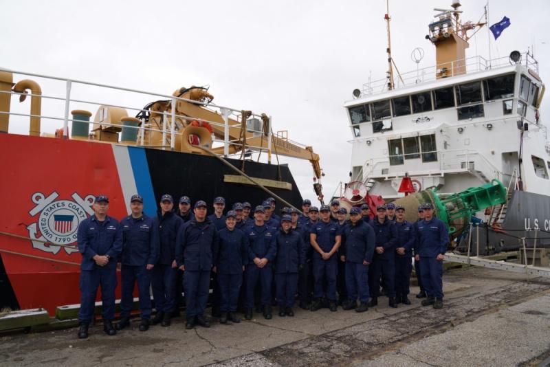 Coast Guard Rear Adm. Nunan visits the Abbie Burgess crew in Cleveland, Ohio, on November 27, 2018. Rear Adm. Nunan, commander of the Coast Guard 9th District, thanked the crew for their help with Operation Fall Retrieve. (U.S. Coast Guard photo, Petty Officer 3rd Class Zachary Hupp)