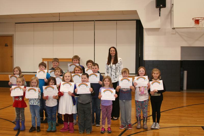 Front row, left to right: Meyer Currington, Isabella O’Clair, Helvi Gelman, Naomi Thompson, Finn Mullen, Sydne Wallace
Middle row left to right: Iris Quint, Brayden LaBreck, Asher Hatch, Lyla Tolman, Keegan Simms, Beckett Haskell, Lyllian Whitehill, Ericka Bailey
Back row left to right: Landen Weaver, Ryan Pyznarski, Adrian Small, Principal Ainslee Riley. (Photo courtesy of Thomaston Grammar School)
