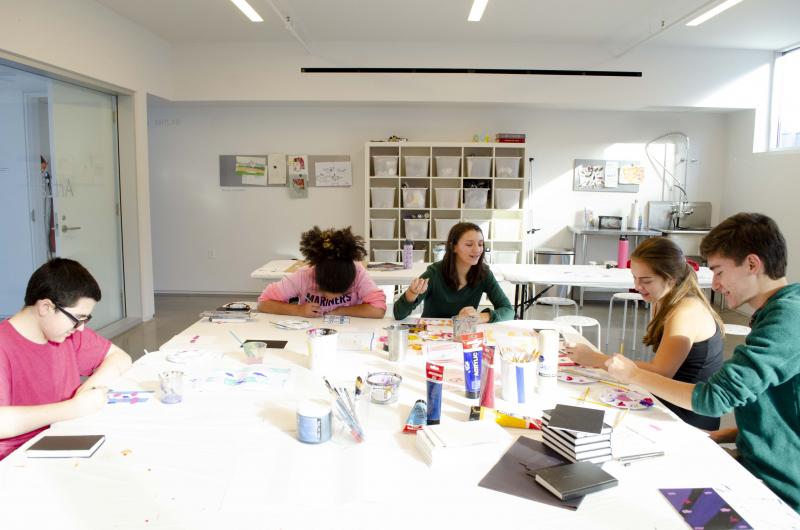 Youth artists from left to right, Isiah Chase, Heather Stephenson, Philomena Marsh, Laura Boutin and Matthew Thomas Young. Students discuss composition, art and improvisation at partnering site the Center for Maine Contemporary Art’s ArtLab in downtown Rockland as a base for experiential and contemporary work in the arts. (Photos courtesy of Arts in Action)