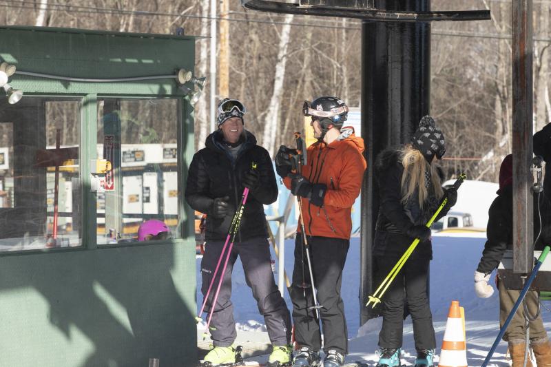 Glen Plake, Andre LeBlond and Kimberly Plake wait for the chair. (Photo courtesy Camden Snow Bowl/by John Steele)