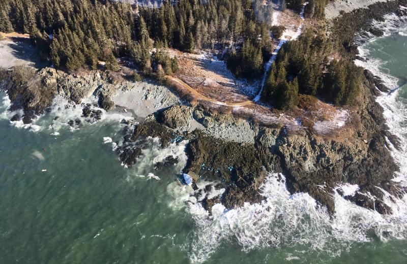 LaBoat III and its float beached on North Haven island as seen from the air on Friday, January 25. (Photo by Shawn Michaud/ Penobscot Island Air)