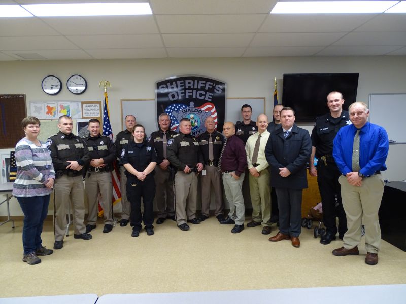 Sheriff Trafton poses with members of the Waldo County Sheriff’s Office following the ceremony. (photo by Erica Thoms)