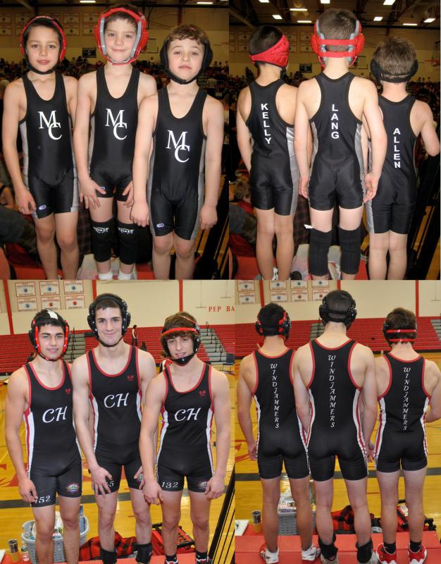 In top photos, Camden Hills wrestlers (from left) Drew Kelly, Noah Lang and Dawson Allen in first grade. In bottom photos, Camden Hills wrestlers (from left) Drew Kelly, Noah Lang and Dawson Allen this season. (Courtesy Glenn Lang)