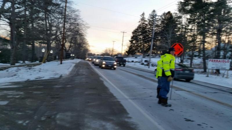 Rockport firefighters directed traffic in frigid temperatures on Route 1 following the rollover crash. (Photo by Sarah Shepherd)