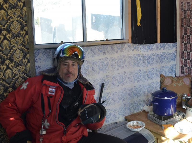 Ski patroller Steve Pixley holds down Ice Summit, headquarters of the Ragged Mountain Ski Patrol in Tobogganville. (Photo by Lynda Clancy)
