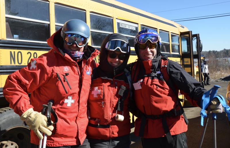 Ragged Mountain Ski Patrollers Morgan Laidlaw, Abbie Leonard and Jeff Boston picks up those who fall. (Photo by Lynda Clancy)