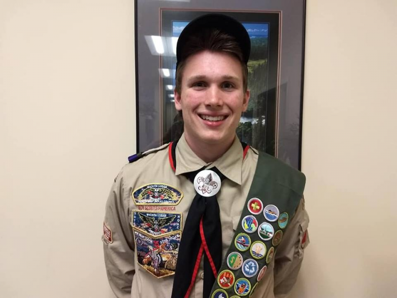 Troop 200 in Camden Eagle Jon Heath. Jon’s project was to develop and construct multiple signs for a new multi-us trail being built at his high school. These signs include a large trail entrance sign and multiple directional arrow signs along the trail plus other smaller signs at other entrances to the trail. (Photo courtesy Troop 200)