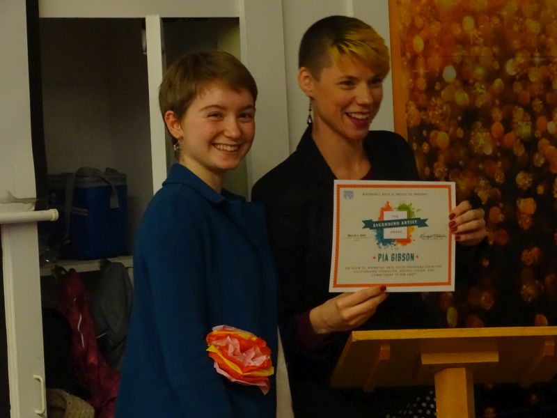 Pia Gibson receives her Ascending Artist Award from Bridget Matros. (photo by Erica Thoms)