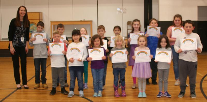 Front Row: Nolan Sprowl, Sophia Chen, Evelyn Fairfield, Callie Colson, Meyer Currington, Eleanor Shortall, and Linkyn Smith.
Back Row: Principal Ainslee Riley, Lucas McLaughlin, Kasey Shepard, Eliza Black, Asher Hatch, Riley Donahue, Olivia Hillgrove, Owen deLorimier, and Charlotte Quinn. (Photo courtesy Thomaston Grammar School)