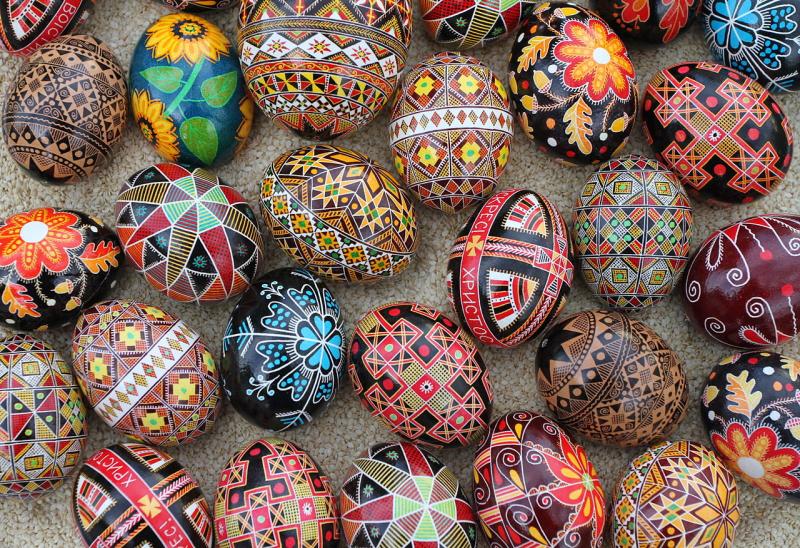 Ukrainian pysanka, Easter eggs, decorated with folk patterns using a wax-resist method. (Photo courtesy Luba Petrusha)
