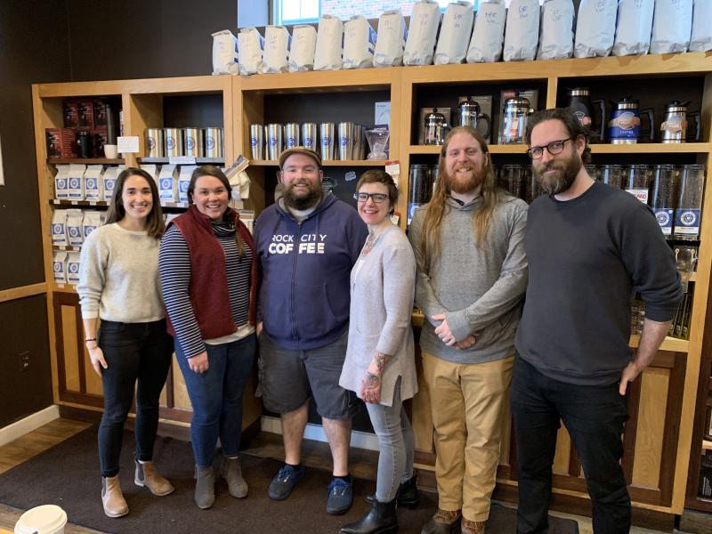 L to R: Bryson Cowan King, Trekkers board member; Kate Elmes, Trekkers director of development: Ryan Jackson, Barista - Rock City Employee Cooperative; Amie Hutchison, Trekkers executive director; BJ Chamberlain, Café manager- Rock City Employee Cooperative; and Kevin Malmstrom, general manager - Rock City Employee Cooperative. (Photo courtesy Trekkers)