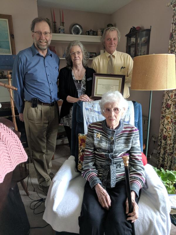 Rockport Select Board Chairman Ken McKinley, Town Clerk Linda Greenlaw and Town Manager Rick Bates, with Annie May Young Spirio. (Photo courtesy Diane Hamilton)
