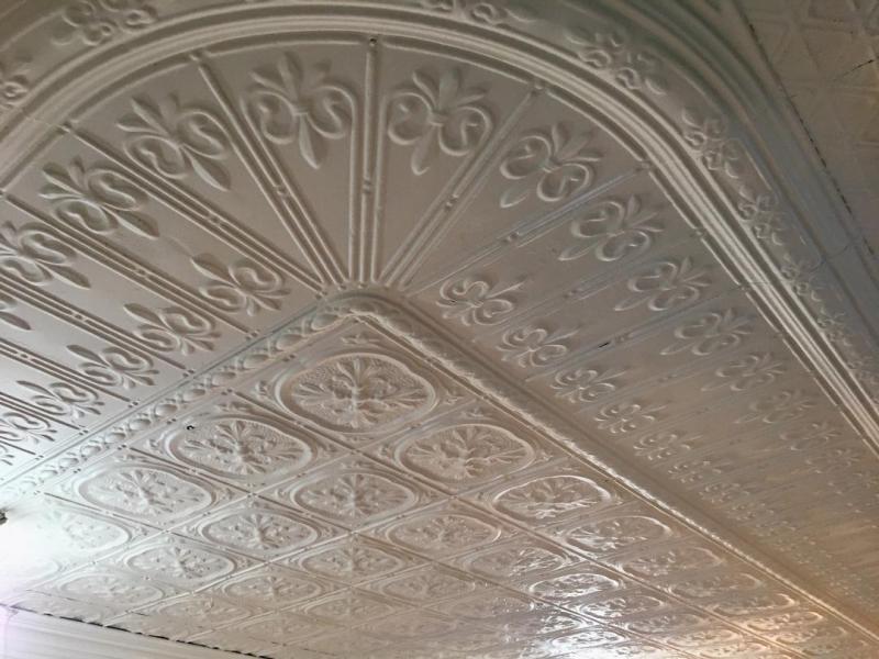 The building’s original tin ceilings on the first floor. (Courtesy Kris Davidson)