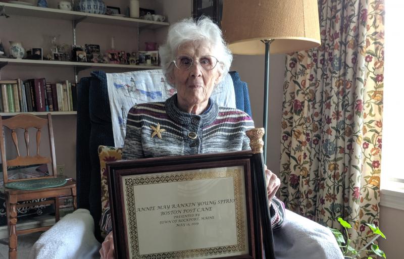 Annie May Rankin Young Spirio accepts the Rockport Boston Post Cane May 15, 2019, in Rockport. (Photo courtesy Diane Hamilton)