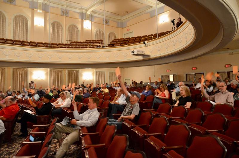 Approximately 60 Camden residents turned out for the 2019 annual town meeting held June 12 at the Camden Opera House. (Photo by Lynda Clancy)