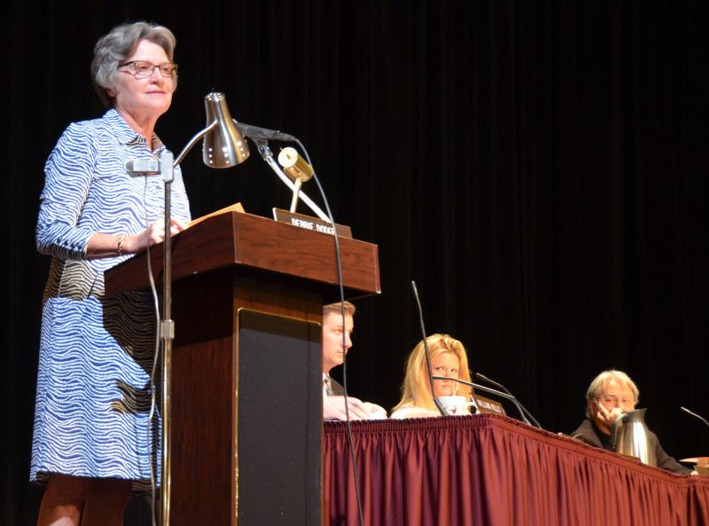 Camden Town Meeting Moderal Deb Dodge. (Photo by Lynda Clancy)