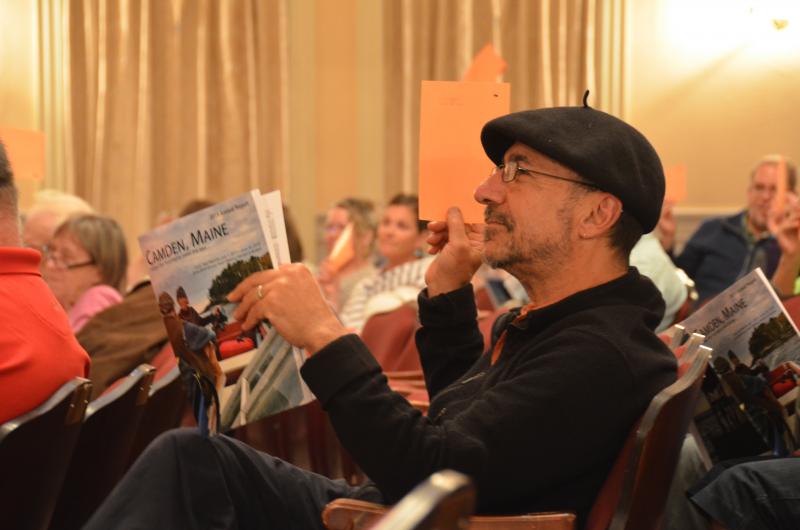 Camden resident Pete Kalajian votes yes at the annual Camden Town Meeting, held June 12, 2019, at the Camden Opera House. (Photo by Lynda Clancy)