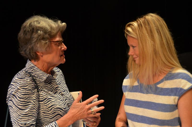 Town Meeting Moderator (and former Select Board member) with current Select Board member Alison McKellar. (Photo by Lynda Clancy)