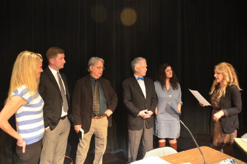 Camden Select Board at its first meeting of the new fiscal year: Alison McKellar, Taylor Benzie, Bob Falciani, Marc Ratner, Jenna Lookner and Town Manager Audra Caler- Bell. (Photo by Lynda Clancy)
