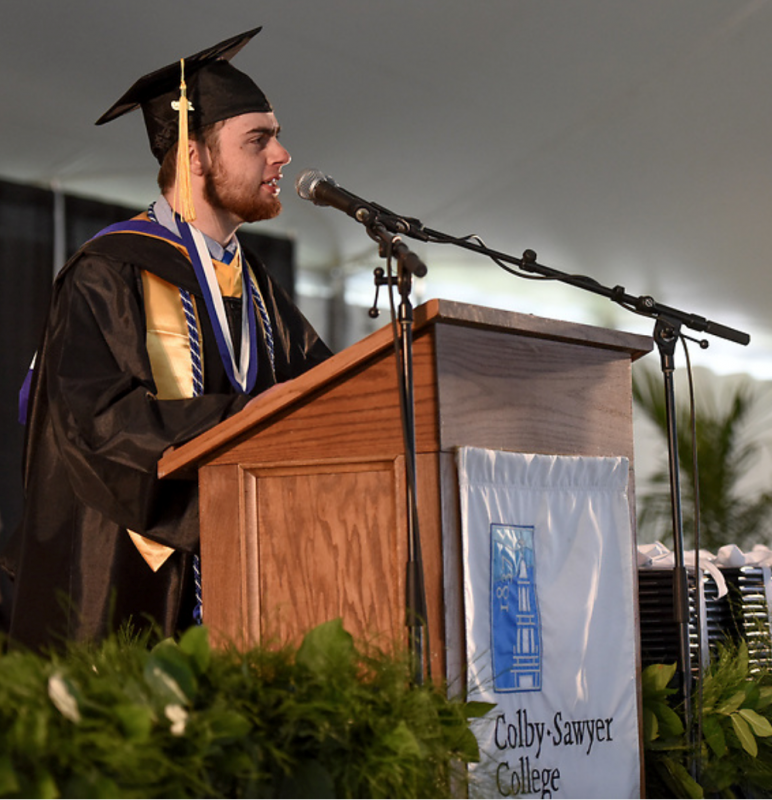 Will Hyland giving his commencement address as senior class president at Colby-Sawyer College. (Courtesy Will Hyland)