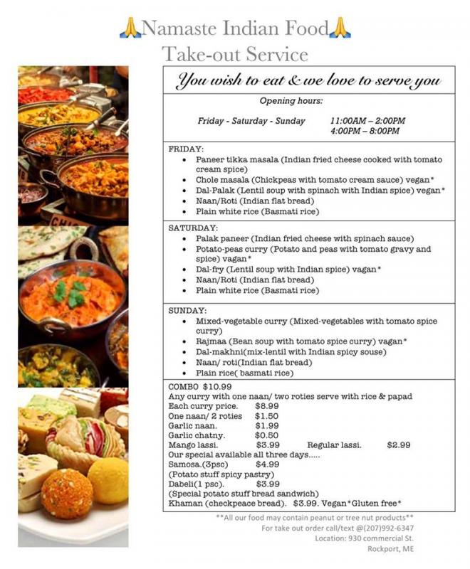 Menu from the grand opening weekend, June 7-9. (Courtesy of Namaste Indian Food)