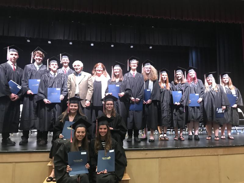 Camden Hills Worthington Scholars. Back Row L to R: Justin Secotte, Ethan Ford, Michael McGeady, August Gray, Worthington Scholarship Foundation Executive Director Rick Bedigian, Worthington Scholarship Foundation College Mentor Kerry Hadley, Abbie Milner, Devon Lammert, Alexys Schaeffer, Courtney King, Macy Pushaw, Kaitlyn Blackwell, and Alyson Glasier.
Middle: Isabella Merrill and Ileana Adams.
Front: Meghan Keizer and Grace Blackwell. (Photo courtesy Worthington Scholarship Foundation)