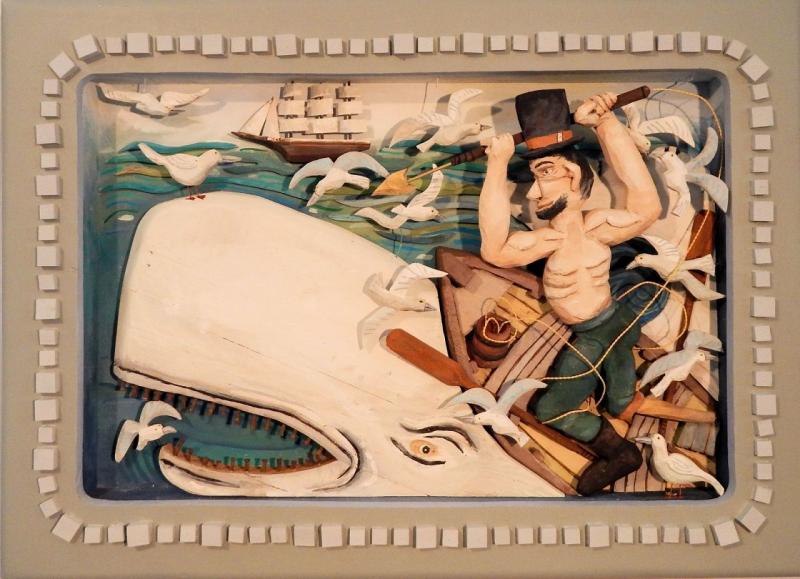 Jeff Barrett’s piece, Ahab and Moby Dick, carved and painted on recycled wood. (Courtesy Jeff Barrett)