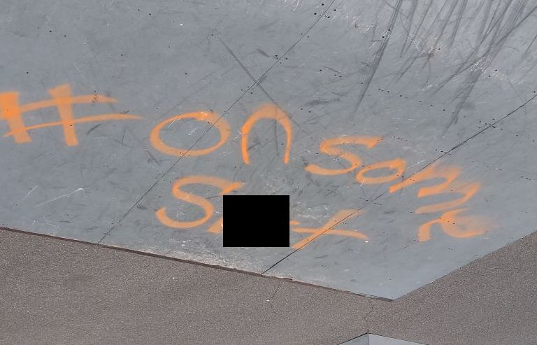 Overlock Memorial Skatepark was another area targeted, with close to a dozen different marks made, some including adult language or images. (photo by Erica Thoms)