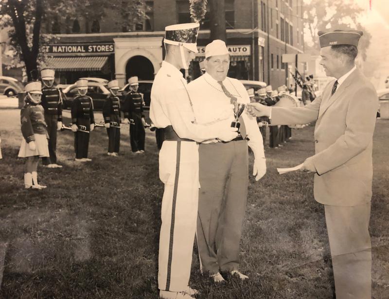 Twin Town Cadets Drum and Bugle Corps leaders, Bill Morong, of Camden, who was also a Drum Captain and Drum Major along with Corps Director Frank Milliken in the white shirt and Legion cap. (Photo courtesy Linda Milliken Roden)