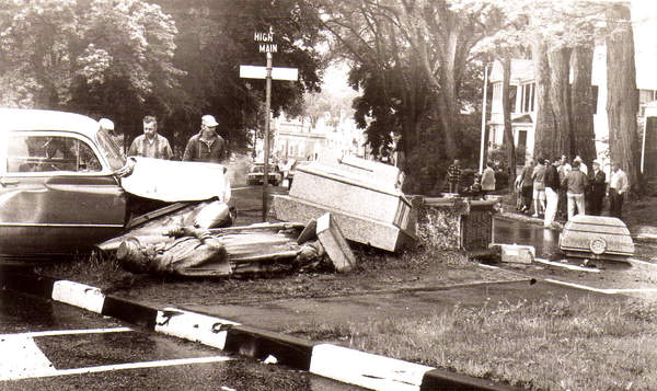 The Camden Soldier’s Monument, after getting hit by a car, on June 9, 1968, when a teenager crashed his car into it. The statue fell from its base in many broken pieces, so the Soldier asked the town to put him back together and move him out of the danger zone. (Photo courtesy Barbara F. Dyer)