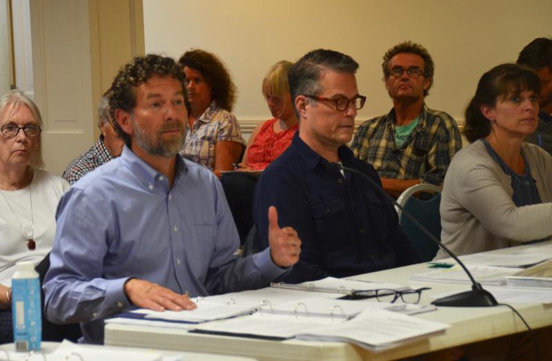 Attorney Patrick Mellor with his client Stephen Earle at the Sept. 11 Rockport Zoning Board of Appeals hearing. (Photo by Lynda Clancy)