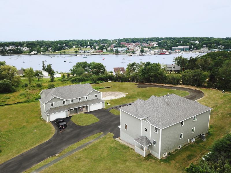 An overhead view of the two constructed duplexes in September 2019. (Courtesy Dave Giroux)