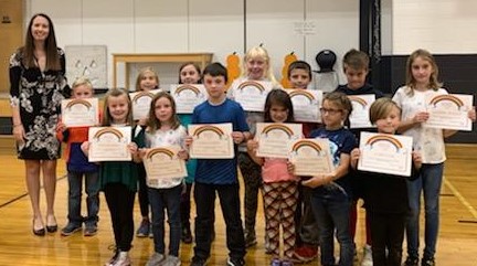 Front Row: Swayze Prior, Skyler Rhodes, Ayden Basinet, Marilyn Holom, Aurora Paolino, Ryker Dare. Back Row: Principal Ainslee Riley, Brock Libby, Ericka Bailey, Vera Leighton, Mary Johnson, Dale Libby, Tucker Adams, and Marlena Gorman. (Photo courtesy Thomaston Grammar School)