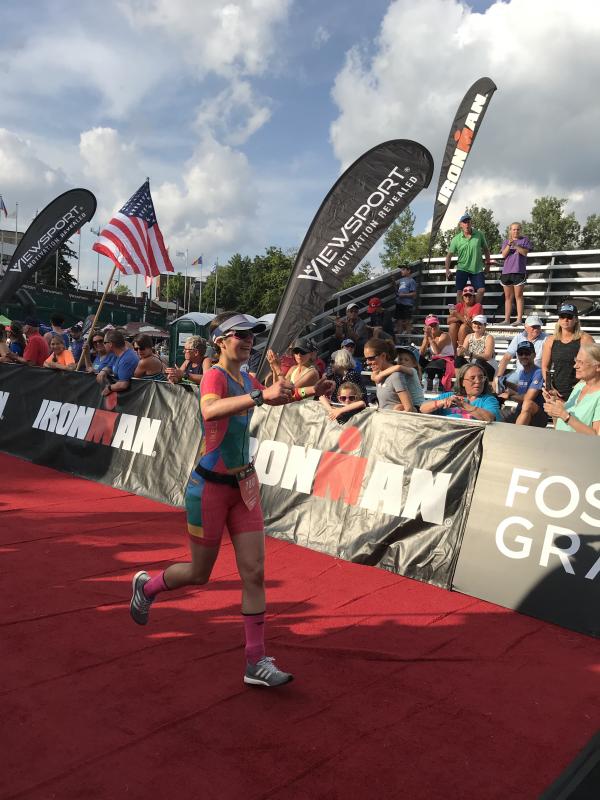 Katie Clayton finishing at the Ironman Lake Placid triathlon. (Courtesy Bruce Clayton)