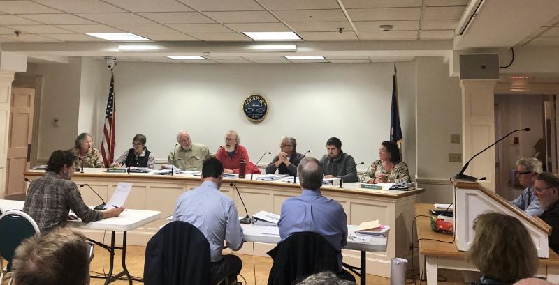 The Rockport Zoning Board of Appeals at its Oct. 17 hearing of the Stephen Earle appeal of a library building permit issued by the town to itself on May 22. From left to right: Emily Lusher, Terri Mckenzie, David Cockey, Chairman Geoff Parker, Kevin Olehnik, Tom Kennedy and Kim Graffam. (Photo by Lynda Clancy)