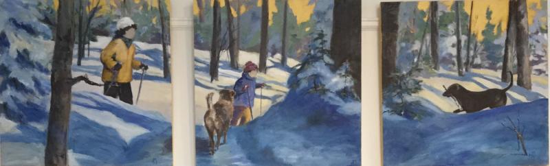 Mary Beth Morrison, Skiing With The Dogs, Acrylic on Cradled Board. (Photo courtesy Art Space Gallery)