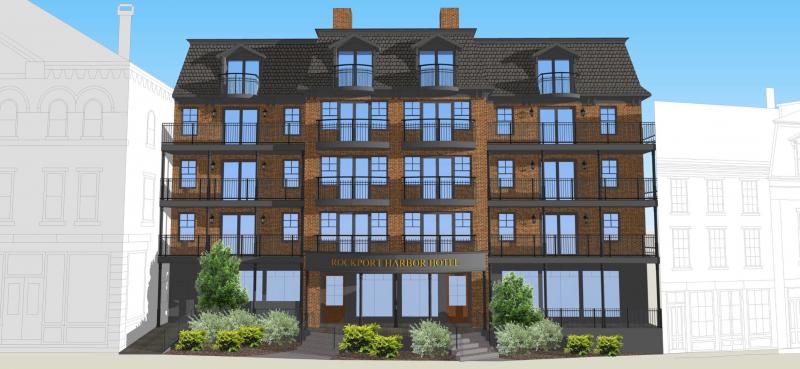 A rendering by Gartley & Dorsky depicts a five-story hotel to be built at 20 Central St. in downtown Rockport.